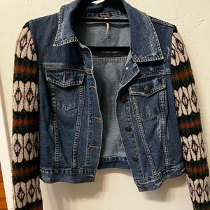Free People distressed denim jacket with wool sleeves